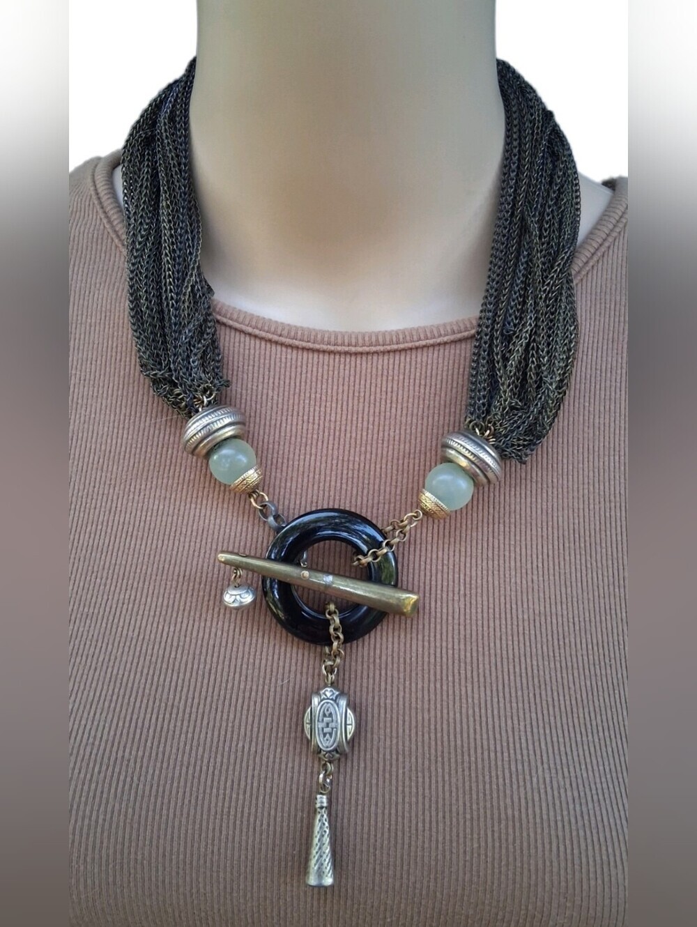 Vintage Mixed Metal Multi Chain Necklace | Onyx Glass & Gemstone Toggle Drop